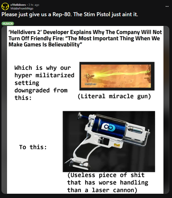 #Helldivers2 | #Helldivers 

Haven't played HD1, How good was the REP-80?