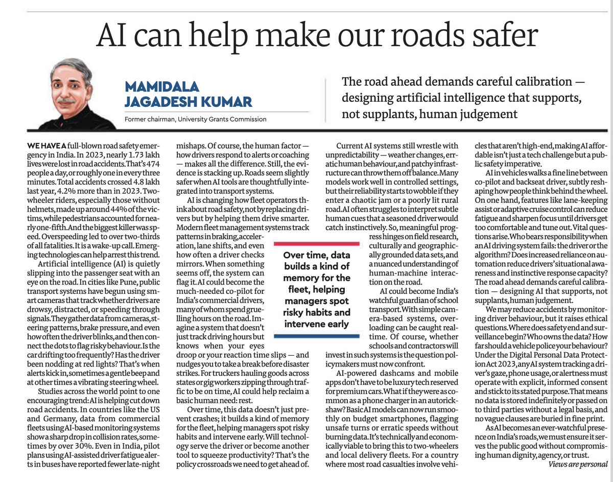 Mamidala Jagadesh Kumar (@mamidala90) on Twitter photo 🚦AI can help make our roads safer—if we act now.
In my <a href="/FinancialXpress/">Financial Express</a> op-ed, I explore how tech can reduce accidents, boost enforcement & save lives.
📍Read here: financialexpress.com/opinion/ai-can…
#AI #RoadSafety #India #Policy #SmartTransport
<a href="/MORTHIndia/">MORTHINDIA</a> 🚦AI can help make our roads safer—if we act now.
In my <a href="/FinancialXpress/">Financial Express</a> op-ed, I explore how tech can reduce accidents, boost enforcement & save lives.
📍Read here: financialexpress.com/opinion/ai-can…
#AI #RoadSafety #India #Policy #SmartTransport
<a href="/MORTHIndia/">MORTHINDIA</a>