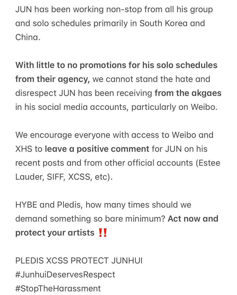 Please continue dropping tags. PLEDIS AND XCSS need to see this, they need to take action ❗️JUN DESERVES TO BE PROTECTED AND TO BE TREATED BETTER ❗️

PLEDIS XCSS PROTECT JUNHUI
#JunhuiDeservesRespect
#StopTheHarassment
<a href="/pledis_17/">세븐틴(SEVENTEEN)</a> <a href="/pledis17_STAFF/">SEVENTEEN STAFF</a>