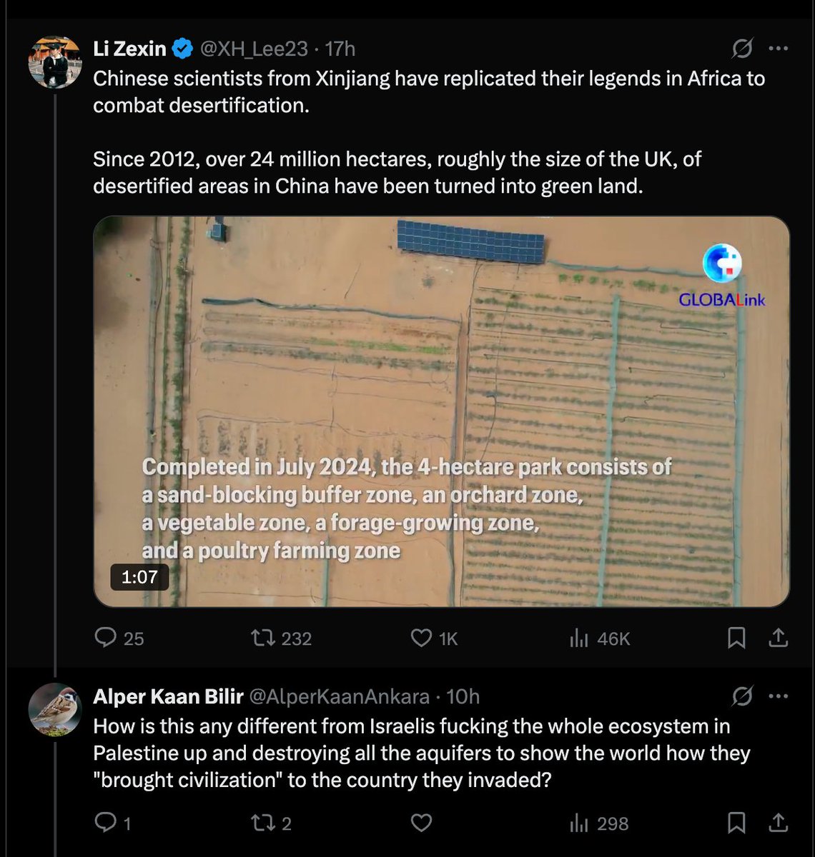 So let me get this straight:
You’re equating China’s anti-desertification cooperation with Zionist colonialism?

China didn’t bomb Africa.
It didn’t bulldoze homes, steal water, or blockade food.
It brought desert-control tech, reforestation, and infrastructure to help local