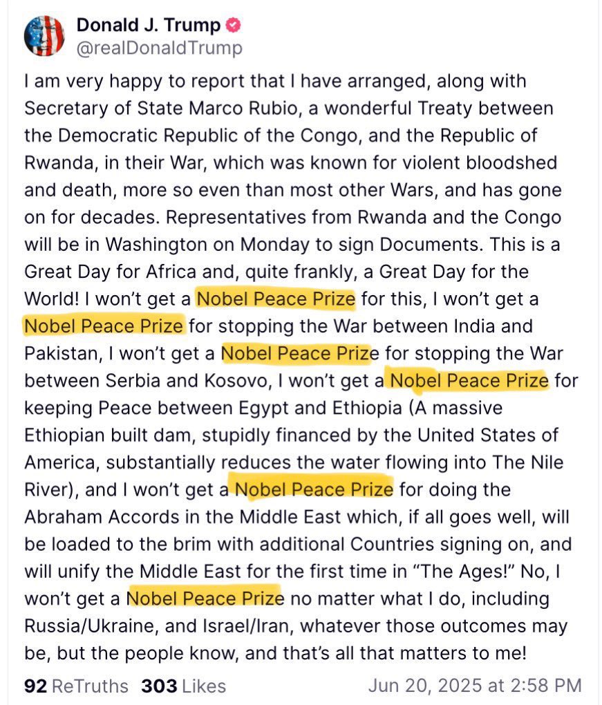 President Trump <a href="/realDonaldTrump/">Donald J. Trump</a> (see below) said he deserves to win the Nobel Peace Prize for “keeping the peace between #Egypt and #Ethiopia.

The President also said the massive Grand Ethiopian Renaissance Dam (#GERD) was “stupidly financed by the United States”. 

Mr.