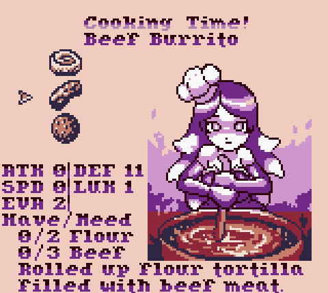 A small addition to Witches and Butchers allows to check a recipe's description when pressing select in the cooking screen.
This is useful for meals like the Coyota which is more of a northern Mexico thing lol

#gamedev #indiedev #screenshotsaturday #gbstudio