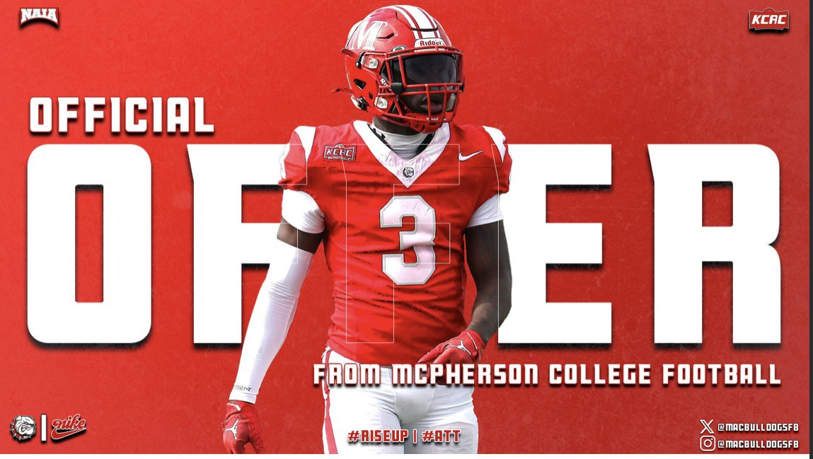 #AGTG Blessed to receive an offer from  <a href="/MACBulldogsFB/">McPherson Football</a> #Rockstrong  <a href="/CoachJenk1/">Chris Jenkins</a> <a href="/CoachJFisc/">Coach Fiscus</a> <a href="/freeman_rowdy/">Rowdy Freeman</a> <a href="/coachjackx/">Rob Soleyjacks</a> <a href="/1Coach_Mares/">Isaac Mares</a>