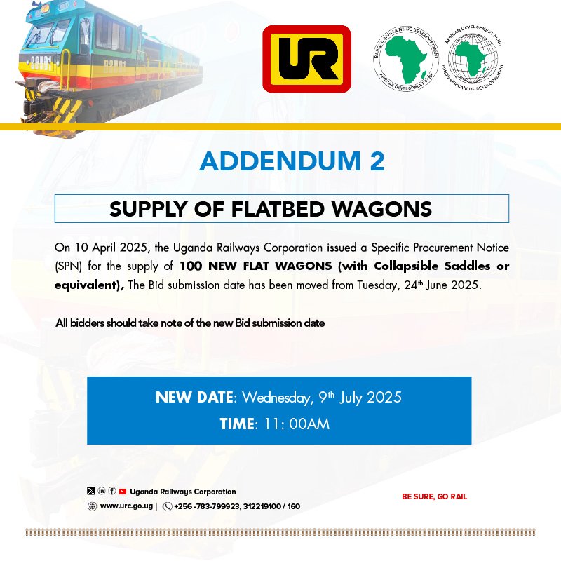 RailwaysUganda's tweet image. SUPPLY OF 100 FLATBED WAGONS: The submission date has been extended. #EACRailwayProjectUg