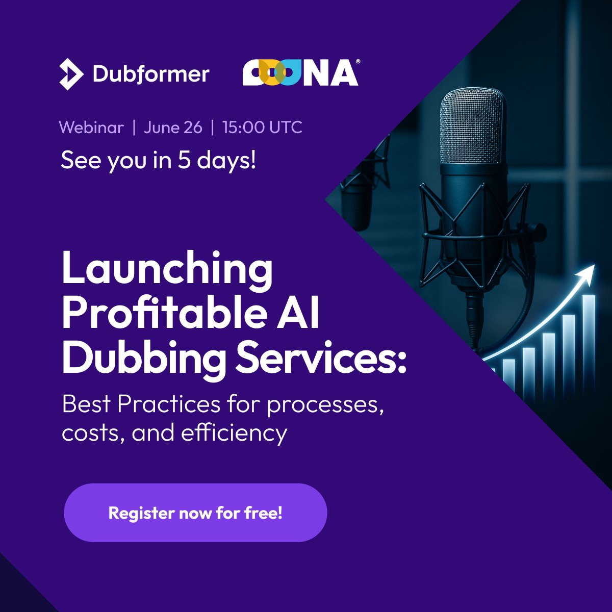 OOONA (@ooona13) on Twitter photo π¨ Just 5 Days to Go!
π Free LIVE Webinar
ποΈ A must-attend session:  βLaunching Profitable AI Dubbing Services: Best Practices for Processes, Costs, and Efficiencyβ.
π
 June 26, 15:00 UTC
π 25-minute presentation + 15-minute interactive Q&A
π go.ooona.net/4jWeAVb π¨ Just 5 Days to Go!
π Free LIVE Webinar
ποΈ A must-attend session:  βLaunching Profitable AI Dubbing Services: Best Practices for Processes, Costs, and Efficiencyβ.
π
 June 26, 15:00 UTC
π 25-minute presentation + 15-minute interactive Q&A
π go.ooona.net/4jWeAVb