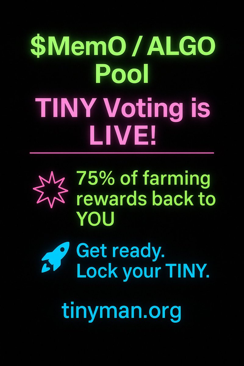 Hunger4Crypto's tweet photo. π¨ $MemO / ALGO Pool β TINY Voting is LIVE!
π₯ 75% of farming rewards go back to YOU
π₯ Bigger votes = bigger share
π Lock your $TINY + vote now: https://t.co/Fd98gliqV5
#VoteForMemO #Algorand #Tinyman #Crypto $ALGO https://t.co/QYJlNMkVIl