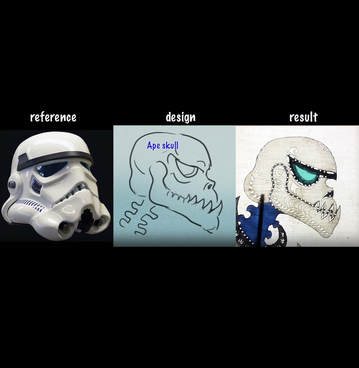 Design process of our <a href="/starwars/">Star Wars</a> STORM TROOPER inspired #wayangkulit / #shadowpuppet, we called them : Hulubalang Empayar.

The head is based on ape’s skull as you can see the lining of the tooth.