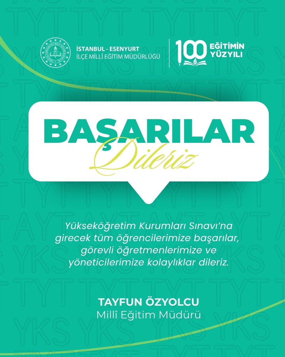 Yükseköğretim Kurumları Sınavı (YKS)’na girecek tüm gençlerimize başarılar diliyorum.

Yolunuz açık, kalbiniz ferah olsun.

#YKS2025
<a href="/Yusuf__Tekin/">Yusuf Tekin</a> <a href="/MucahitYentur/">Murat Mücahit Yentür</a>