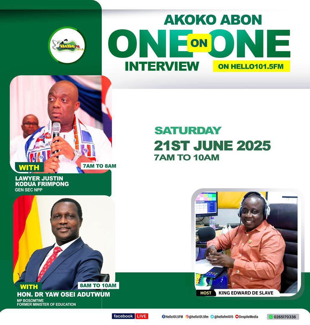 Join Dr. Yaw Osei Adutwum LIVE on Hello FM today, 21st June 2025, as he shares his bold and transformative vision for the future of our nation.
#TheAdutwumFactor
#DrYawOseiAdutwum