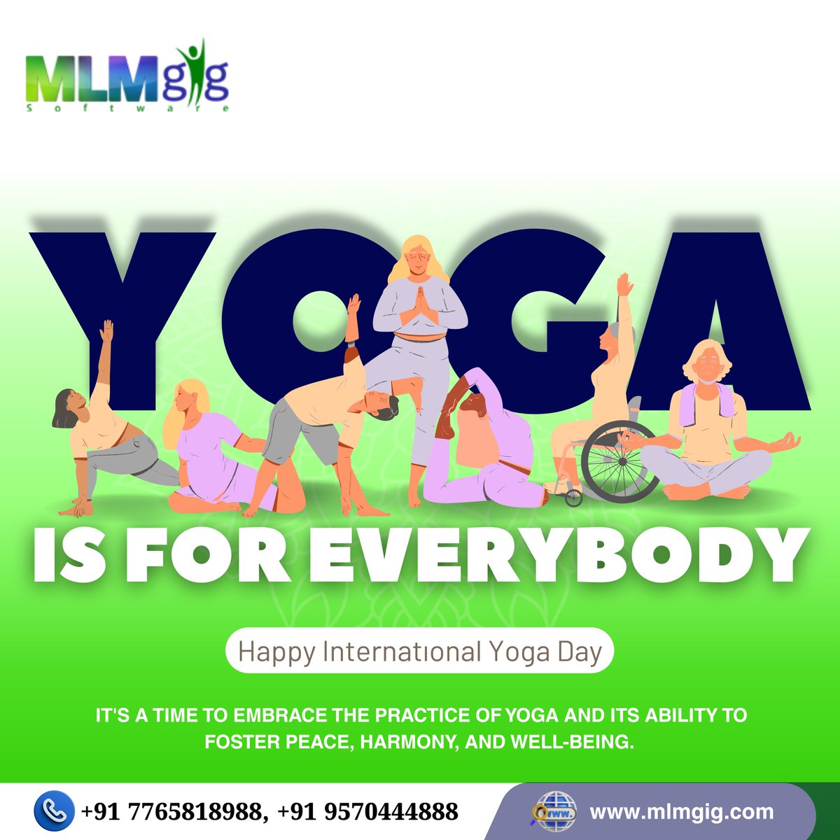 🌿 Yoga is for EVERYbody! 🧘‍♀️
This International Yoga Day, let's celebrate inclusivity, diversity, and the transformative power of yoga. No matter your age, gender, or ability — yoga welcomes all! 💚
#InternationalYogaDay #YogaForEveryone #MLMGigCelebratesYoga #YogaDay2025