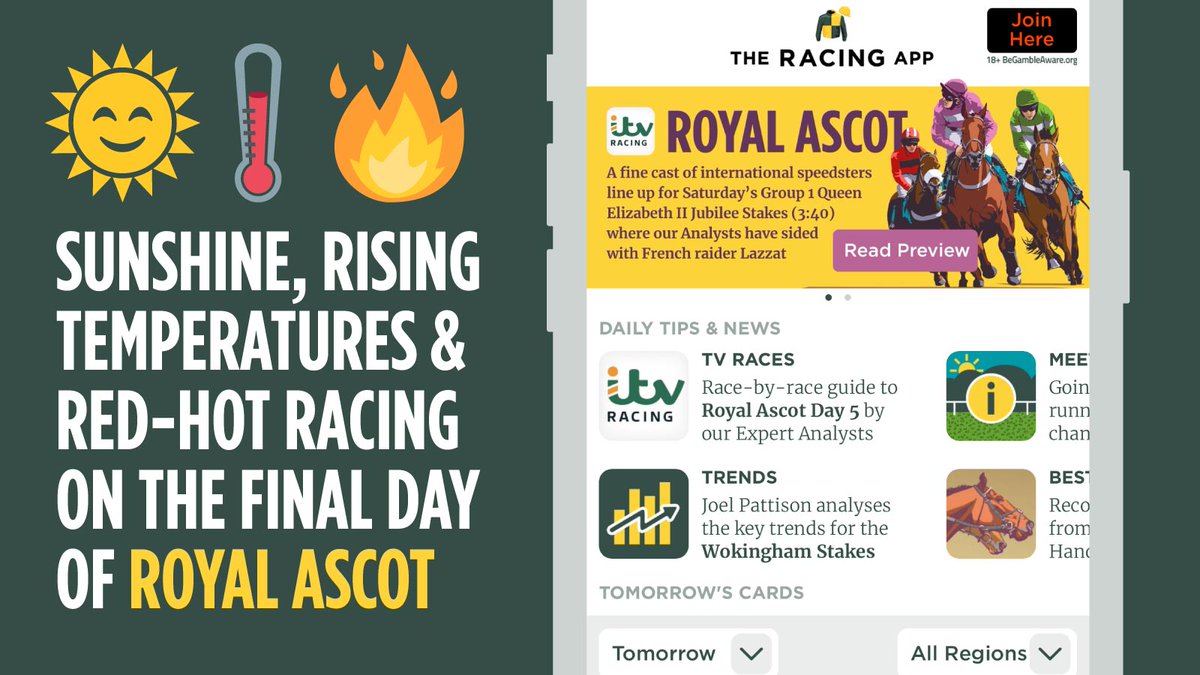 🌞🌡️🔥Royal Ascot Day 5
The sun is still shining, the mercury is still rising, and the action continues to hot up on the final day where a fine cast of international sprinters line up for the QEII Jubilee Stakes (3:40). Don't miss our coverage
bit.ly/The-Racing-App
#RoyalAscot