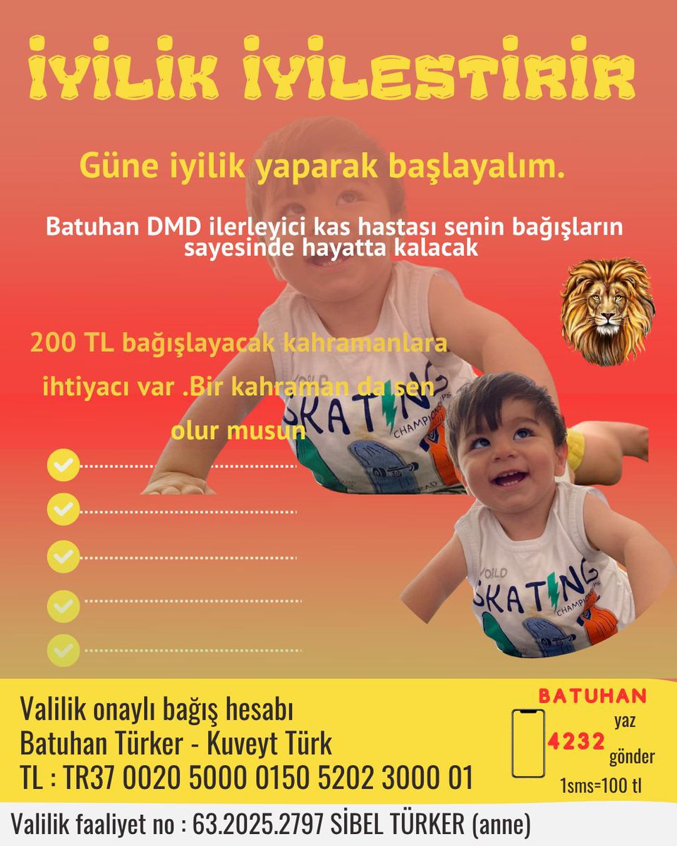 Batuhan 11 ay içinde ilacını alamazsa kas yıkım süreci hızlı bir şekilde başlayacak.🥺😭
VALİLİK ONAYLI HESAP BİLGİLERİ
TR37 0020 5000 0150 5202 3000 01
ALICI ADI: BATUHAN TÜRKER
Açıklama: Dmd Batuhan 

BATUHAN yaz 4232'ye gönder. 
1 SMS 100 TL'dir.

#baharcandan #NihalCandan