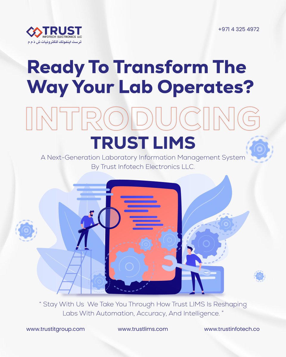 TrustInfotech's tweet image. Ready to transform your lab?
Meet TRUST LIMS — the next-gen LIMS by Trust Infotech Electronics LLC.

⚙ Automation
🎯 Accuracy
🧠 Intelligence

Innovation meets precision. Stay tuned.

#TrustLIMS #LabAutomation #SmartLabs #UAEIT #InnovationInLabs #BusinessTech #Automation