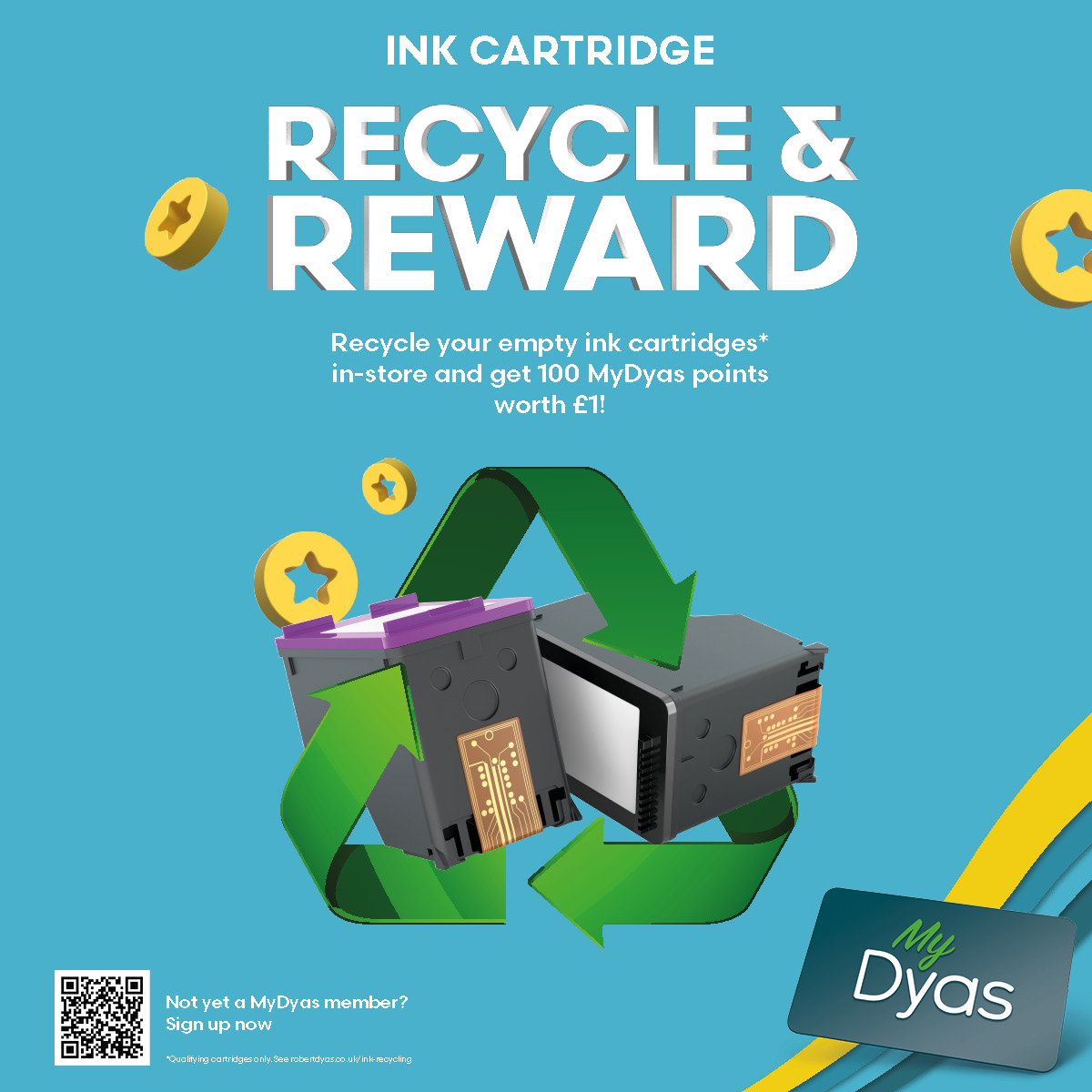 ♻️ Ink it. Recycle it. Reward it.
Bring your empty ink cartridges in-store and bag 100 MyDyas points (worth £1!) 💰
Not a member yet? Sign up today and turn waste into rewards 👉 bit.ly/4ejsiR2