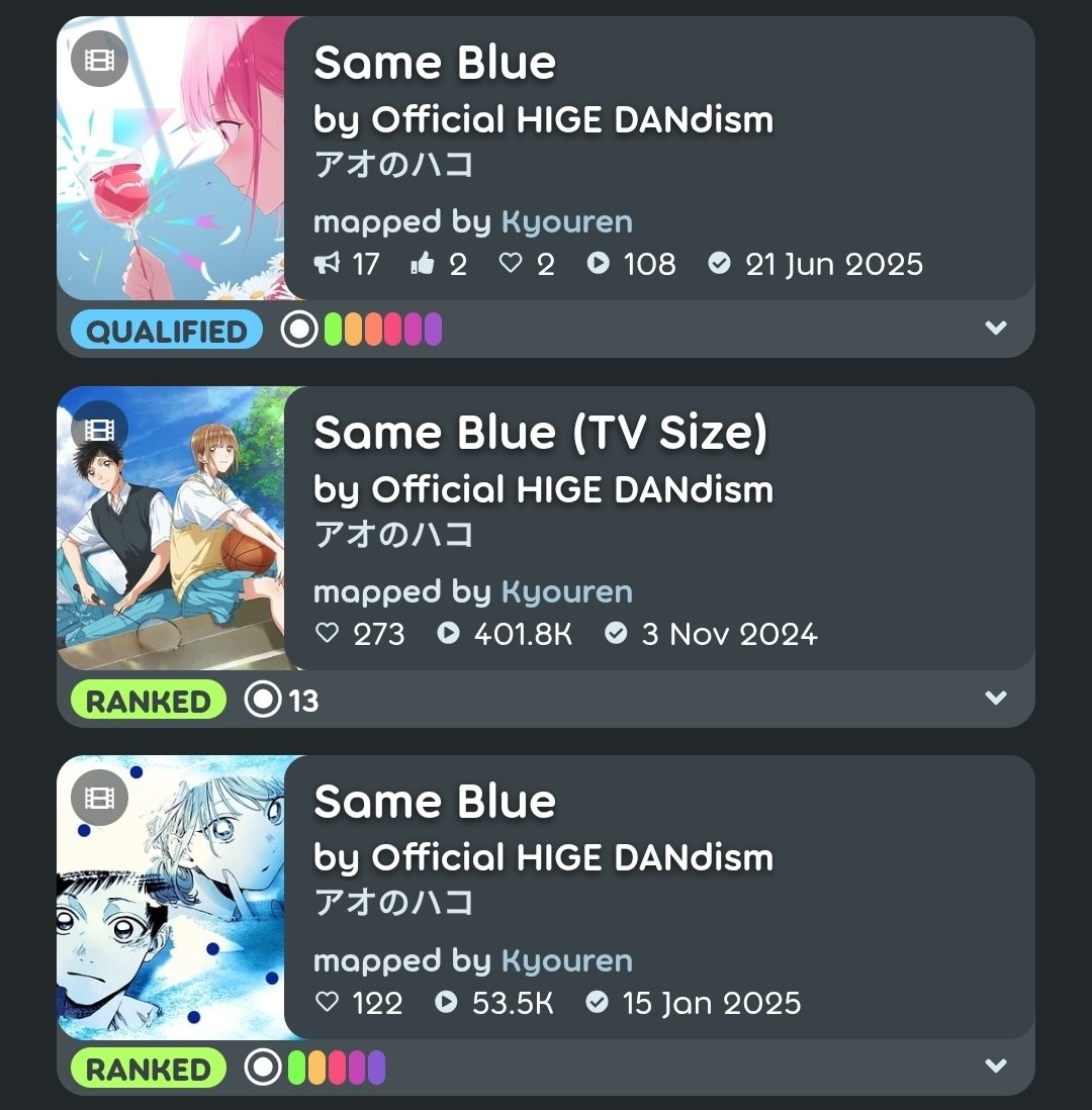 we are living in the same blue

qualified now
osu.ppy.sh/beatmapsets/23…

special thanks:
<a href="/jwbells/">jenn</a> &amp; <a href="/GodHacc/">GodHack</a> for nominations
<a href="/FreezingAnimenz/">FreezingAnimenz</a>, <a href="/supav_/">SupaV</a>, <a href="/Rtyzen/">Zen</a>, Nakazawa, <a href="/usgqc1204/">kyuuneho</a>, <a href="/rielle_twit/">Rielle / Liyuu</a> for cool GDs
<a href="/Akkeyykaze/">Akkeyy</a> for amazing HS

another one