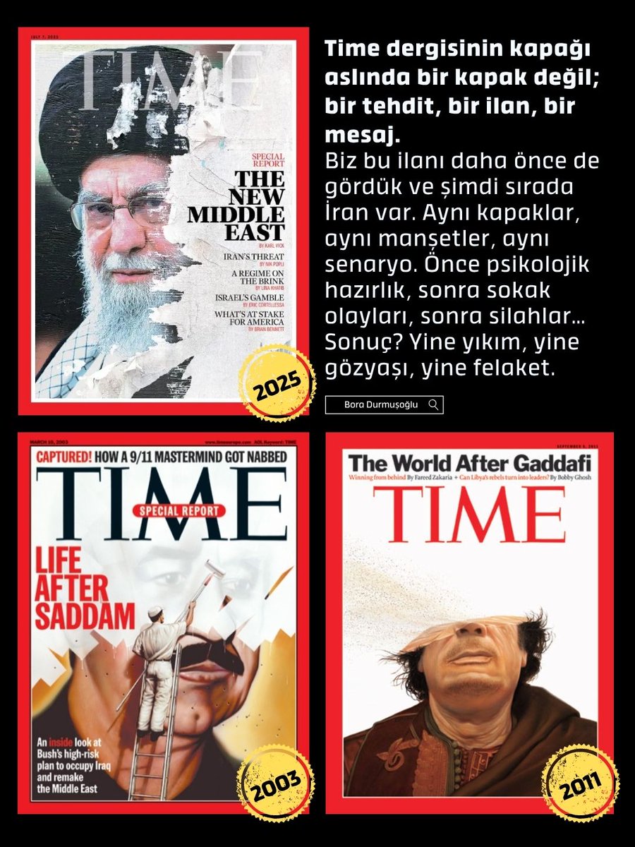 AYNI SENARYO, AYNI DEKOR, AYNI OYUNCULAR

ABD merkezli <a href="/TIME/">TIME</a> dergisi yine sahneye çıktı. Haziran 2025 kapağında İran Dini Lideri Ali Hamaney’in yırtılmış posterini “The New Middle East” başlığıyla servis ettiler. Görüntü tanıdık, mesaj tanıdık, niyet ise her zamanki gibi çok