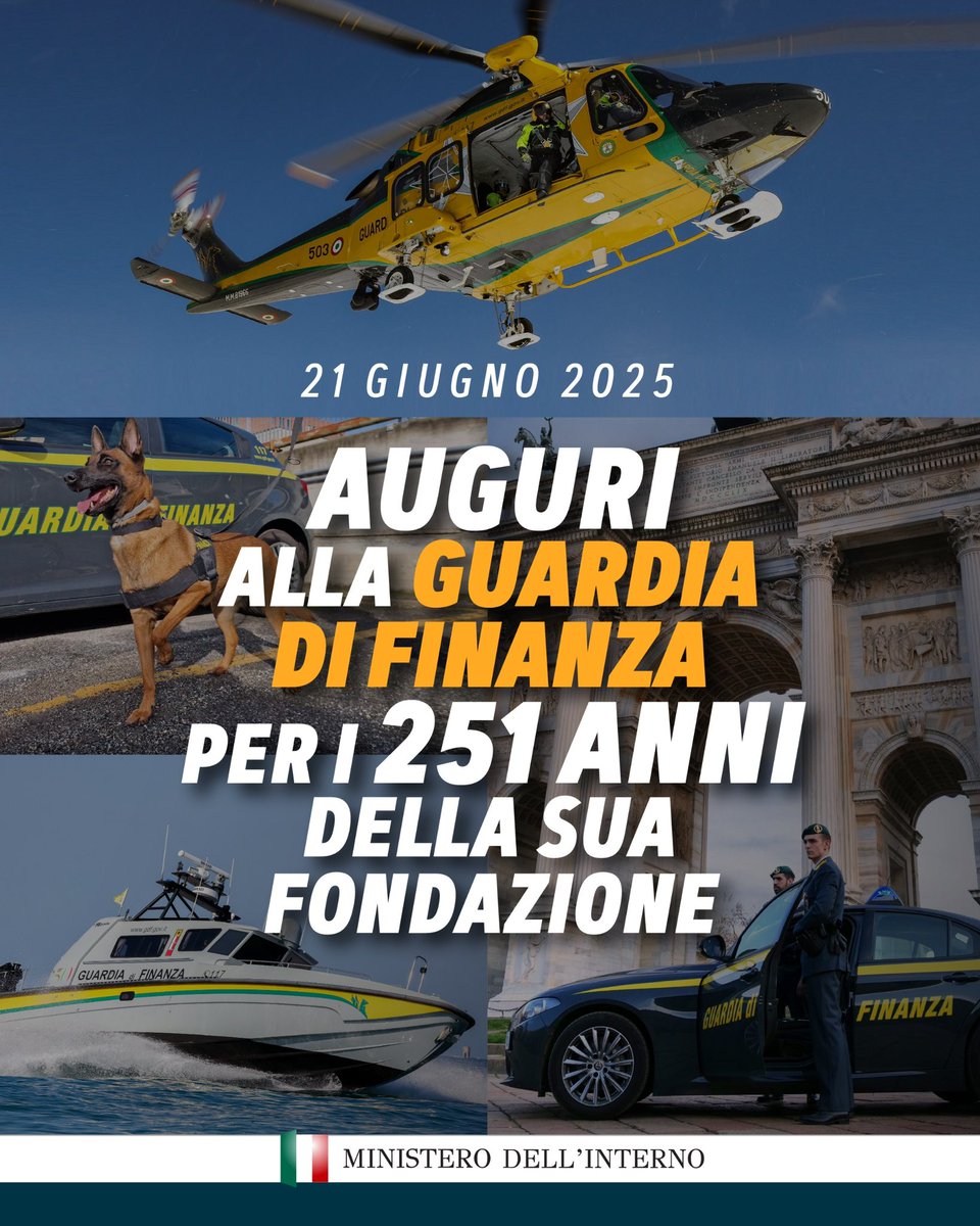 Oggi celebriamo il 251° anniversario della fondazione della Guardia di Finanza, un Corpo che incarna i valori di dedizione, professionalità e lealtà al servizio del Paese. 

“Da oltre due secoli e mezzo le Fiamme Gialle garantiscono un insostituibile contributo a difesa della