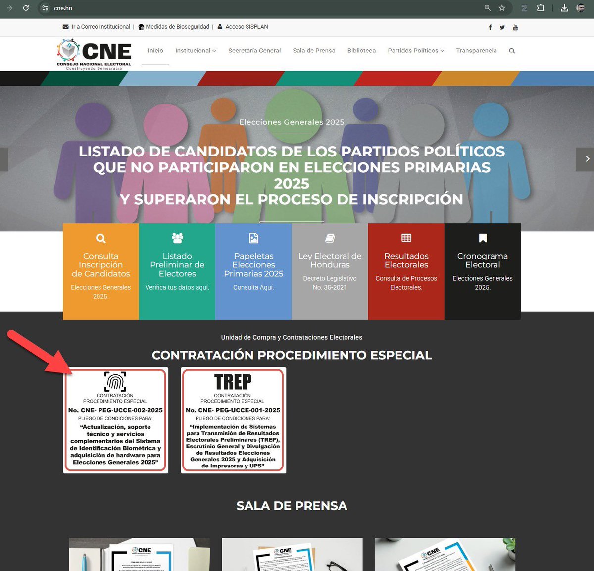 Conforme al cronograma electoral y en estricto cumplimiento de la ley, ya se ha publicado el pliego de condiciones para la contratación de la ‘Actualización, soporte técnico y servicios complementarios del sistema de identificación biométrica y adquisición de hardware’ para las