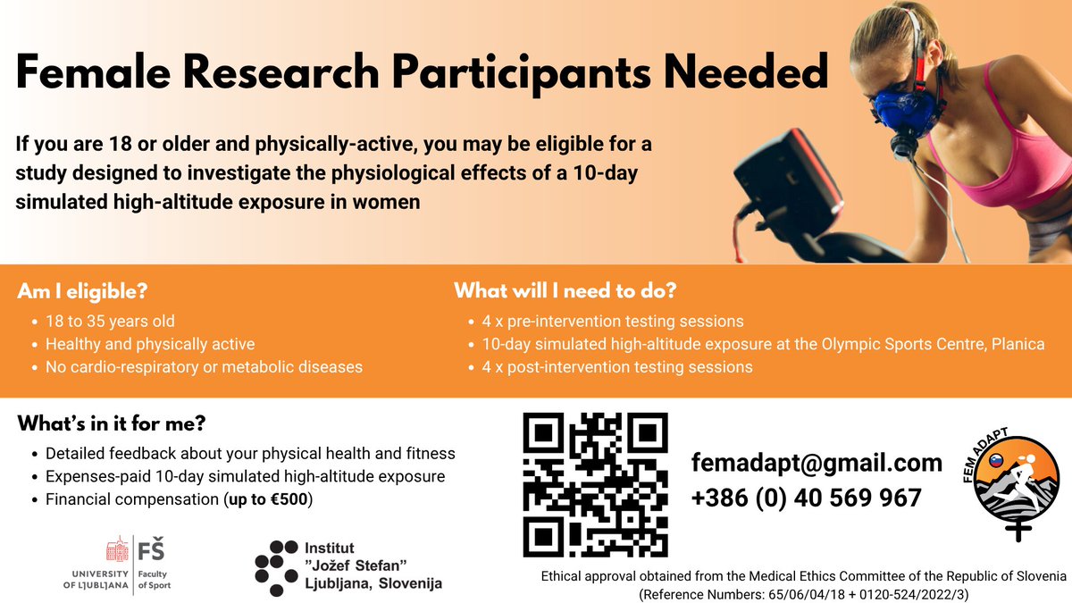 Tadej Debevec (@debevectadej) on Twitter photo Now recruiting female participants for our autumn study in 🇸🇮 on (simulated) altitude adaptation and potential cross-adaptation. If interested please contact us at - femadapt@gmail.com Now recruiting female participants for our autumn study in 🇸🇮 on (simulated) altitude adaptation and potential cross-adaptation. If interested please contact us at - femadapt@gmail.com