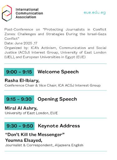 Sahar Khamis (@skhamis) on Twitter photo I participated in the remote #ICA25 post conference "Protecting #Journalists in #Conflict Zones." It was organized by the <a href="/icahdq/">International Communication Association</a> Activism & Social Justice Division #ASJD, the European Universities in Egypt (EUE) & the University of East London (UEL). I focused on the #Gaza #War. I participated in the remote #ICA25 post conference "Protecting #Journalists in #Conflict Zones." It was organized by the <a href="/icahdq/">International Communication Association</a> Activism & Social Justice Division #ASJD, the European Universities in Egypt (EUE) & the University of East London (UEL). I focused on the #Gaza #War.