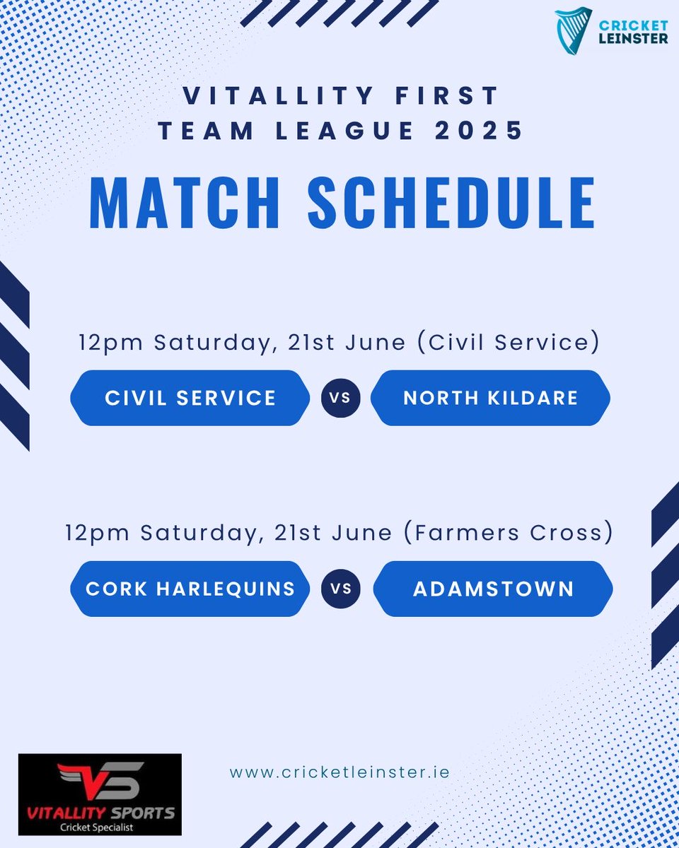 VITALLITY FIRST TEAM LEAGUE!

Today at 12pm <a href="/civilservicecc/">Civil Service C.C</a> &amp; <a href="/QuinsCC/">Cork Harlequins CC</a>! 🏏
