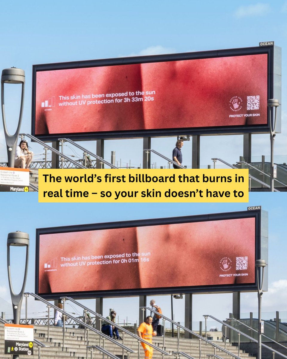 e4mtweets's tweet image. The British Skin Foundation has launched OOH billboards that use AI to show how your skin burns in real-time, based on current UV levels ☀

#UVAwareness #SkinHealth #OOHAdvertising #BritishSkinFoundation #e4mAt25