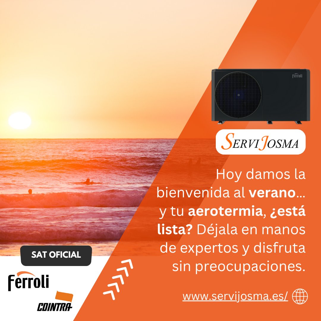 Servijosma's tweet photo. ☀️🌿 ¡Hoy damos la bienvenida al verano! ¿Tu aerotermia está lista para rendir al máximo durante los días de calor?
Servicio Técnico Oficial de @ferroli_es y @cointra_es en Cantabria.
👉 Pide tu mantenimiento hoy mismo☎️ 942 372 666
#aerotermia #hogarcalido #verano2025 https://t.co/RmxrOPkYHV