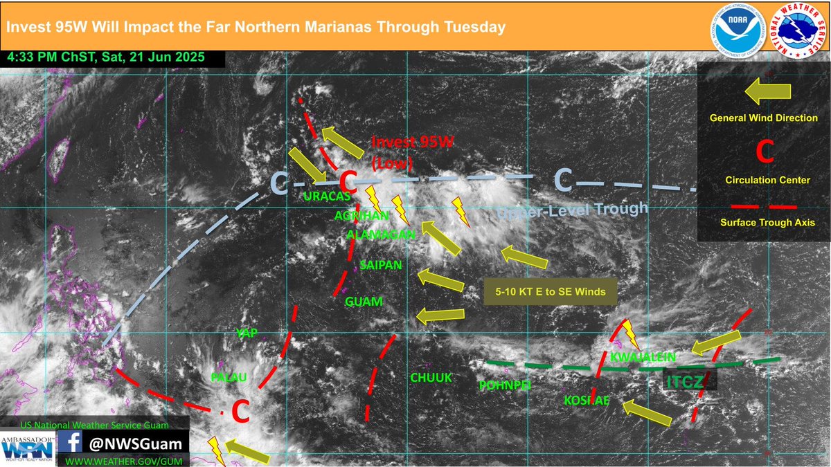 NWSGuam's tweet image. JTWC designated Invest 95W this morning, currently located northeast of Uracas/Farallon de Pajaros. Invest 95W is not expected to impact Guam or the CNMI up to Saipan. Heavy showers
will be likely for Alamagan and points northward. #GUwx