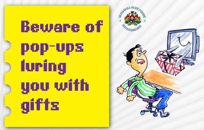 sphaveri's tweet photo. 🎁ನಿಜ ಹೇಳಬೇಕೆಂದರೆ ತುಂಬಾ ಚೆನ್ನಾಗಿದೆಯೇ? ಆ ಪಾಪ್-ಅಪ್ ಉಡುಗೊರೆ ಒಂದು ಬಲೆಯಾಗಬಹುದು! ಕ್ಲಿಕ್ ಮಾಡುವ ಮೊದಲು ಯೋಚಿಸಿ! 🖱️💥 
#HaveriPolice #CyberSafety #PopUpScam #ThinkBeforeYouClick #OnlineFraud https://t.co/jq3dW6JMTo