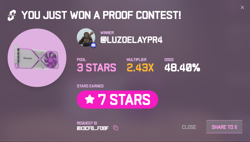 I just won 7 stars in the Succinct Stage 2 Proof Contest! Prove with us <a href="/SuccinctLabs/">Succinct</a> #ProveWithUs
