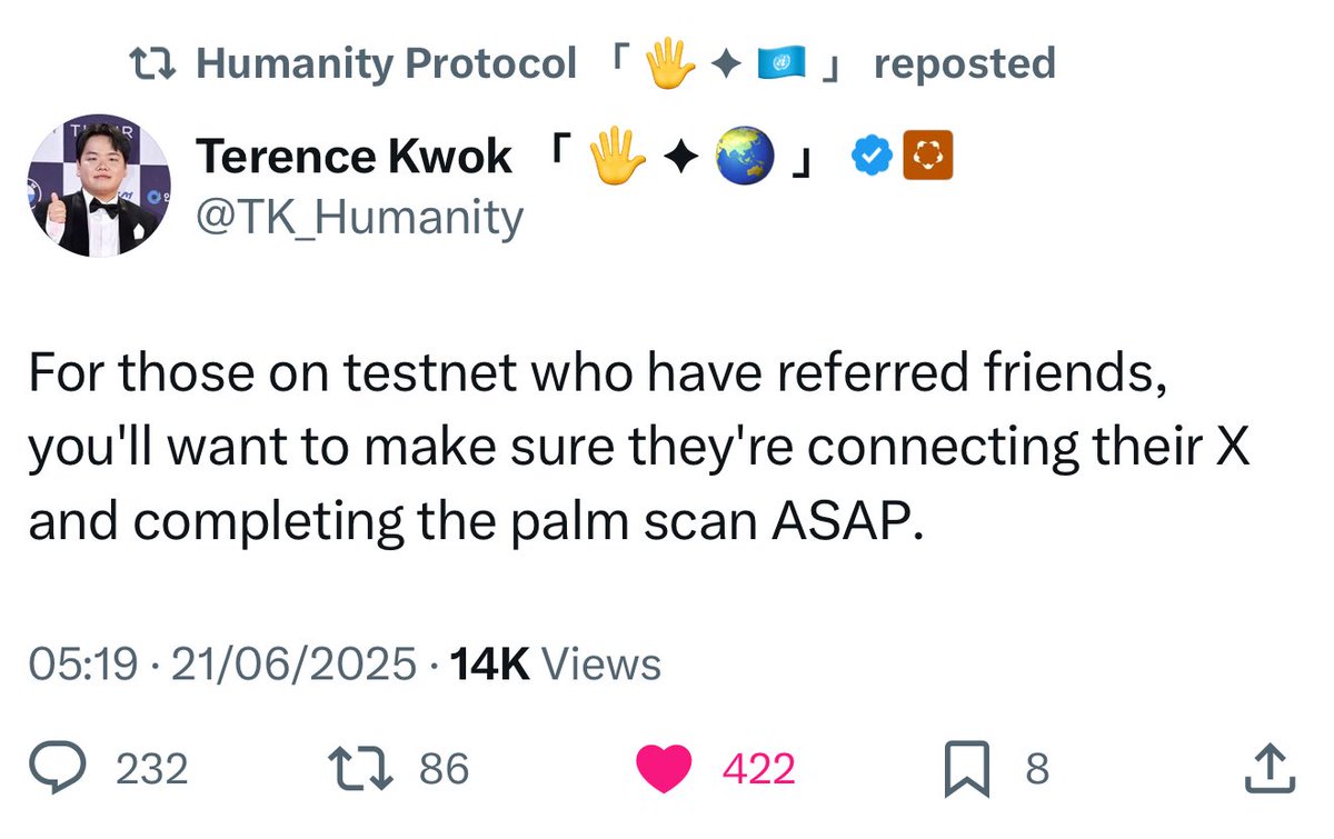 Zayn_BNB's tweet photo. Donโt let your referrals go to waste!
If youโve invited friends to @Humanityprot testnet, make sure they :
Connect their X (Twitter) โ
Complete the palm scan ASAP
Every step matters for future rewards. Letโs not miss this
#HumanityProtocol #PalmScan #Testnet @terencekwok https://t.co/MCovO436eE