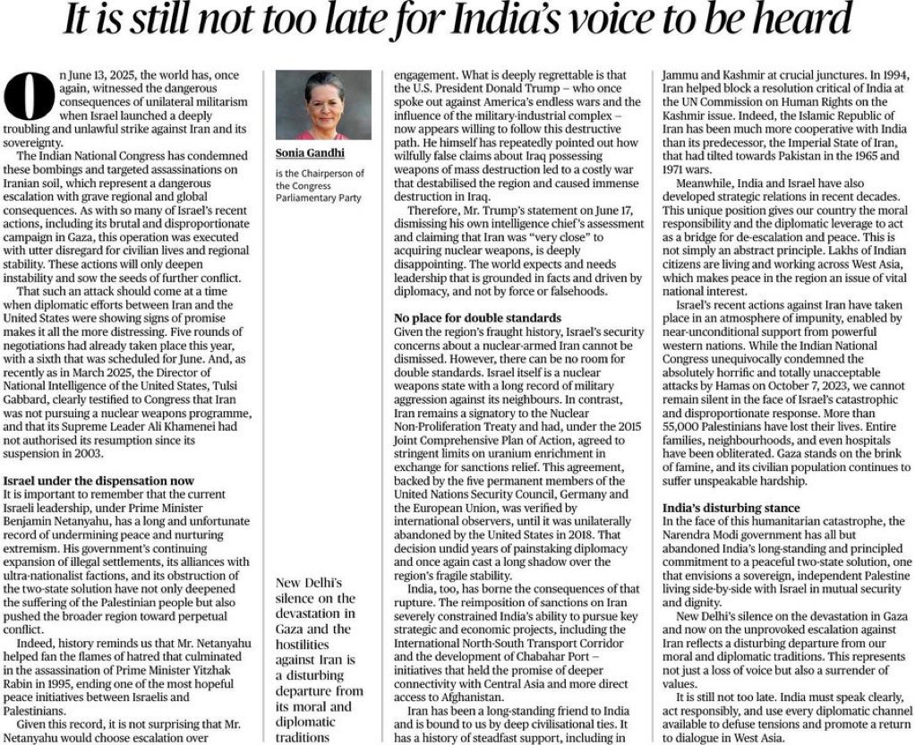 <a href="/INCIndia/">Congress</a> please make it compulsory for all congress leaders and members to read this and <a href="/priyankagandhi/">Priyanka Gandhi Vadra</a> ‘s tweets on Palestine. Very important article by Mrs Gandhi to clarify India’s position as seen by the main political opposition, which was India’s position till 2014