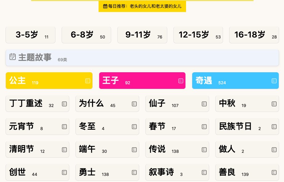 故事盒子的首页就是这么简洁：按照年龄分类、按照故事主题分类；随机推荐加故事目录自选。打开盒子➡️ gushihezi.com