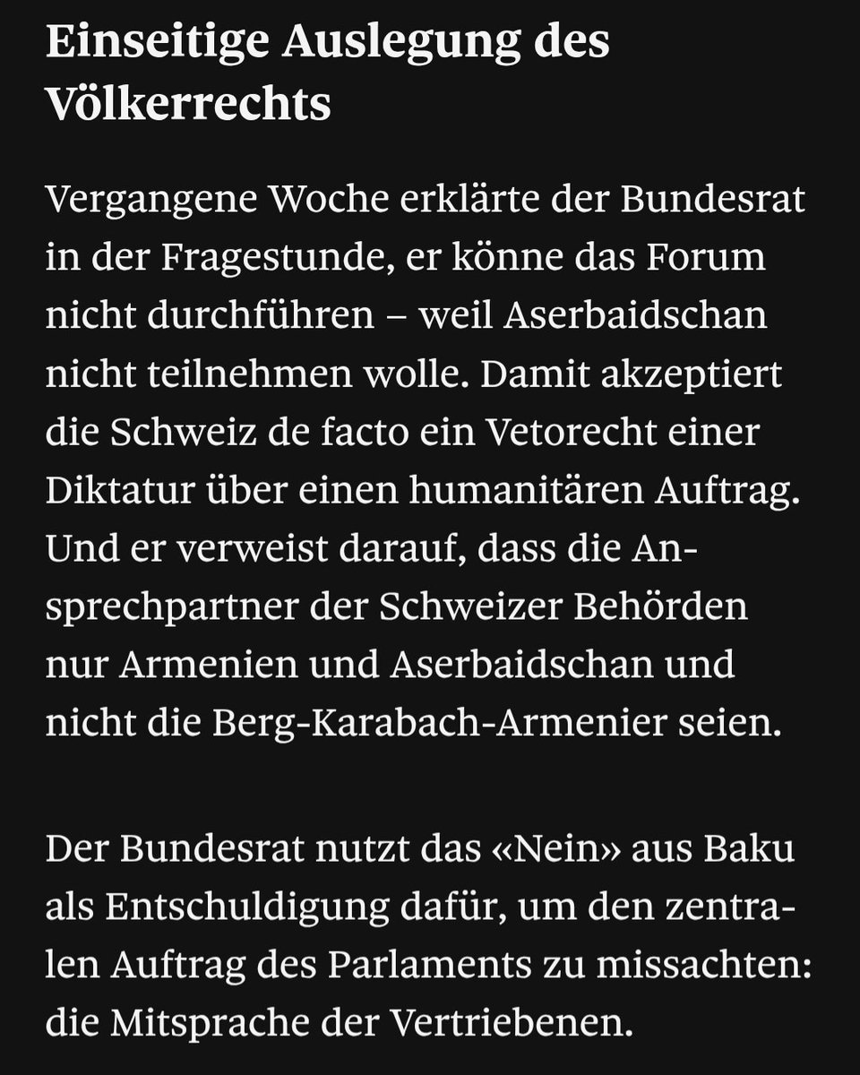 ArtSpangenberg's tweet image. At @tagesanzeiger "One-Sided Interpretation of International Law
Last week, during the question hour, the Federal Council declared it could not hold the forum — because Azerbaijan did not wish to participate. By doing so, Switzerland is effectively accepting a dictatorship's…