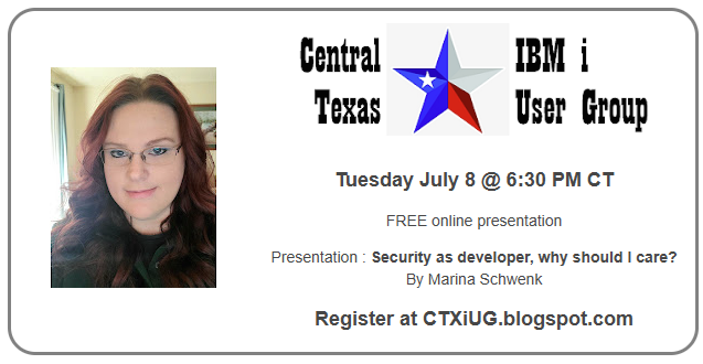 In 2 weeks, Tue July 8 @ 6:30 PM CT, <a href="/CTXiUG/">Central Texas IBM i User Group</a> welcomes <a href="/MarinaSchwenk26/">Marina Schwenk</a> as our speaker. She will be speaking about why developers should always keep security in mind.
This is FREE, learn more &amp; register ➡️ ctxiug.blogspot.com

#IBMi #AS400 #iSeries #IBMiLUG #SupportOurIBMiLUG