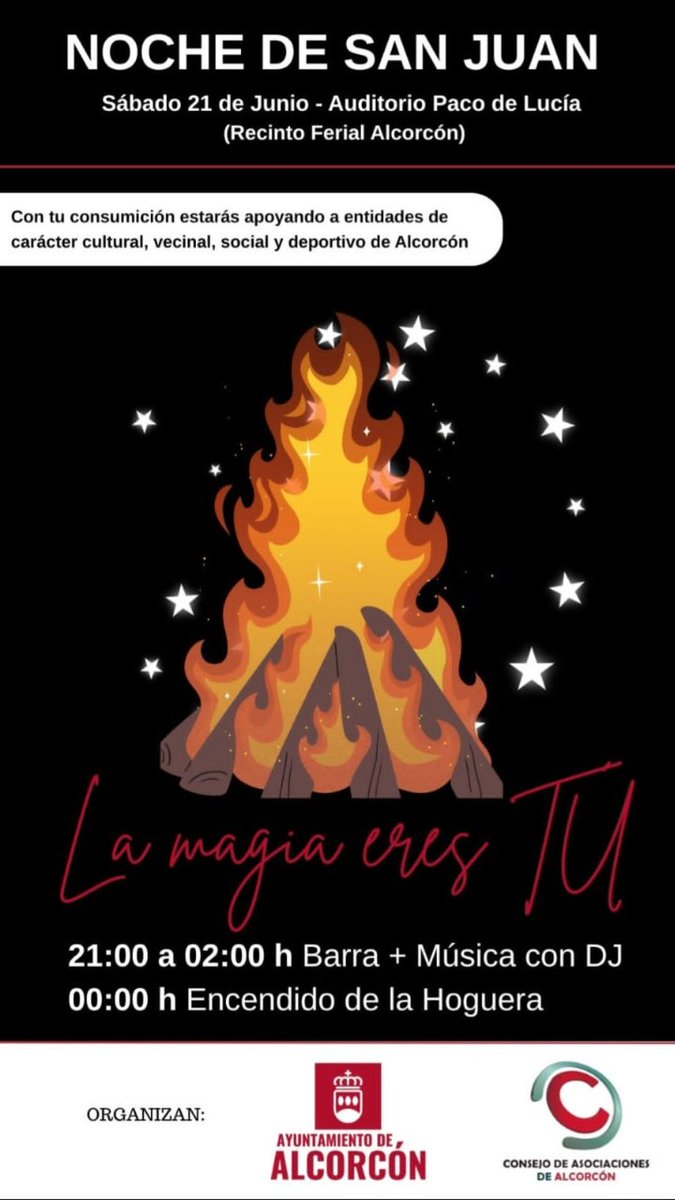 Un año más vuelve la noche de #SanJuan a #Alcorcon. Hoguera para que arda todo lo malo a las 00:00 horas en el Auditori el Recinto Ferial. Y antes, barra y DJ #LaMagiaEresTú <a href="/Hardcorcon/">Hardcorcón</a>