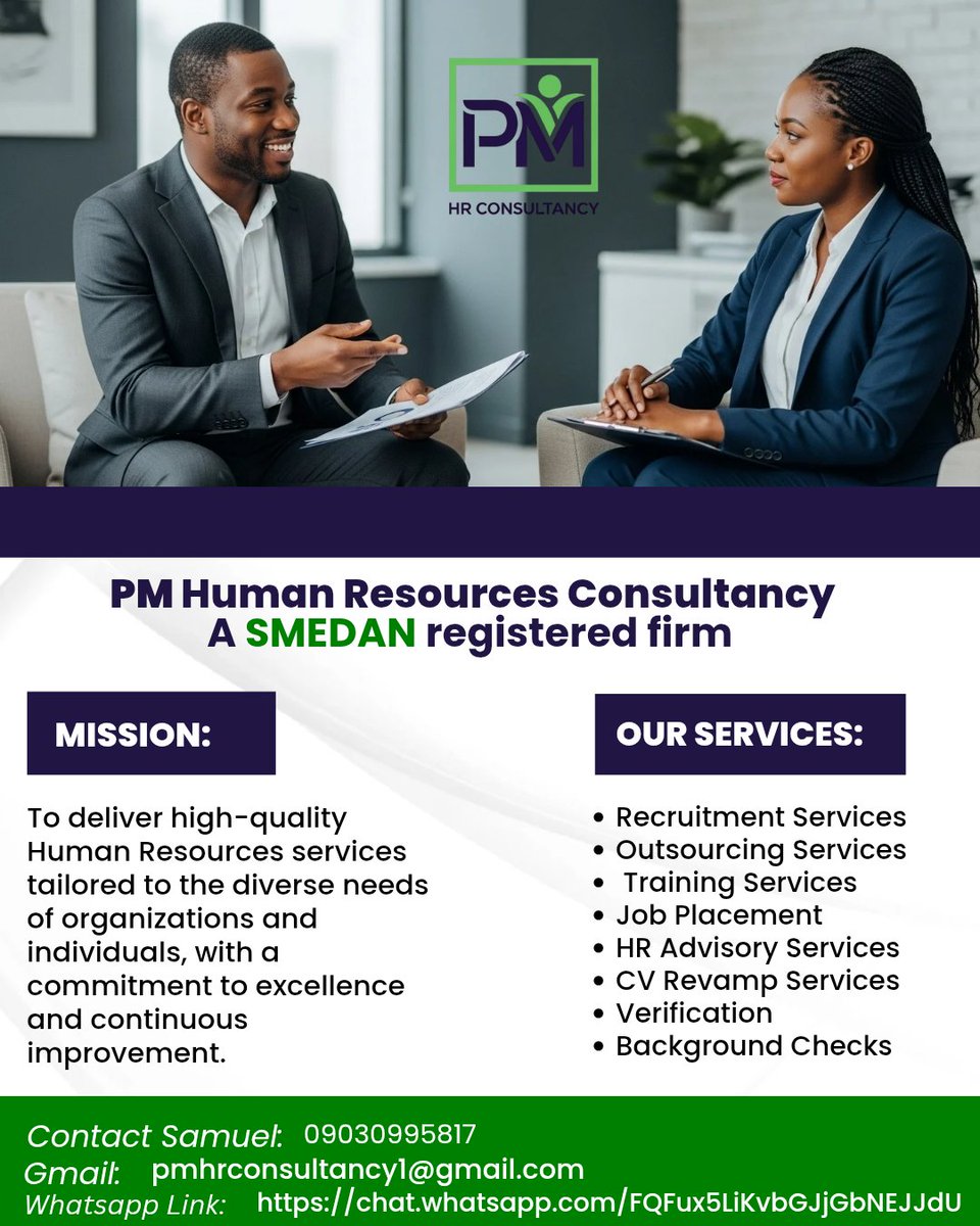 GraceDo2616195's tweet photo. Just wrapped branding & flyer design for PM HR Consultancy — a SMEDAN-certified firm offering expert HR solutions. Clean logo, bold colors, clear message.
I'm available for flyer and logo design.
Let's help build your brand ❤️
#LogoDesign #FlyerDesign #HRConsultancy #PMHR https://t.co/HRiU4pXA4T