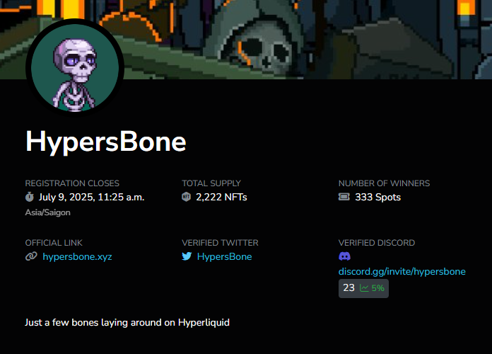 Đăng kí Mint NFT <a href="/HypersBone/">HypersBone</a> 

✅ Chain: Hyperliquid
✅ Tổng: 2,222 NFTs
✅ Winners: 333 WL Spots 

🔗 Đăng kí: premint.xyz/hypersbone/

Mới đăng ký xong 🫡