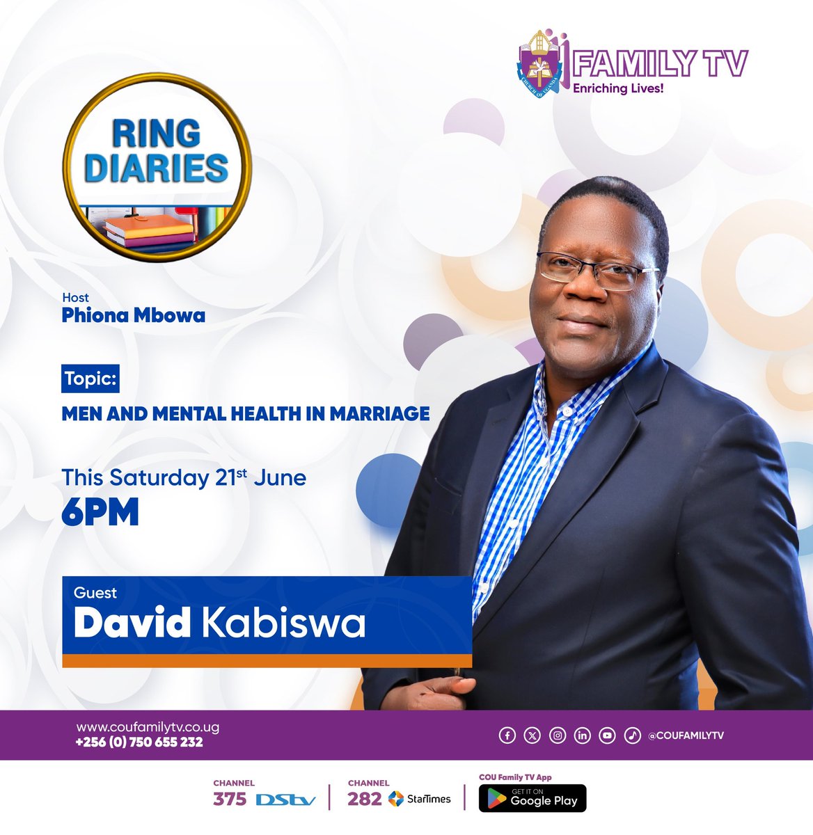 coufamilytv's tweet image. Let’s talk men, marriage, and mental health! 
Join @phionambowa on #RingDiaries at 6PM as she hosts David Kabiswa for an honest conversation that every couple needs to hear. 
#FamilyTalks #MentalHealthMatters #marriage