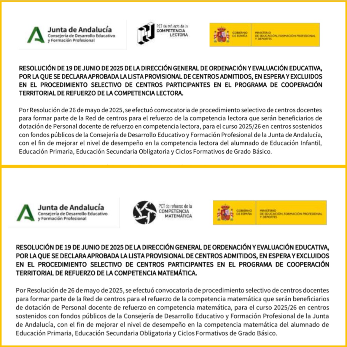 Centro del Profesorado de Cádiz (@cepdecadiz) on Twitter photo Publicados los listados provisionales sobre el programa de cooperación territorial de refuerzo de la competencia lectora y el razonamiento matemático. ℹ️ drive.google.com/file/d/1VKobI4… ℹ️ drive.google.com/file/d/1z0pF9J… <a href="/EducaAnd/">Consejería Desarrollo Educativo y FP</a> Publicados los listados provisionales sobre el programa de cooperación territorial de refuerzo de la competencia lectora y el razonamiento matemático. ℹ️ drive.google.com/file/d/1VKobI4… ℹ️ drive.google.com/file/d/1z0pF9J… <a href="/EducaAnd/">Consejería Desarrollo Educativo y FP</a>