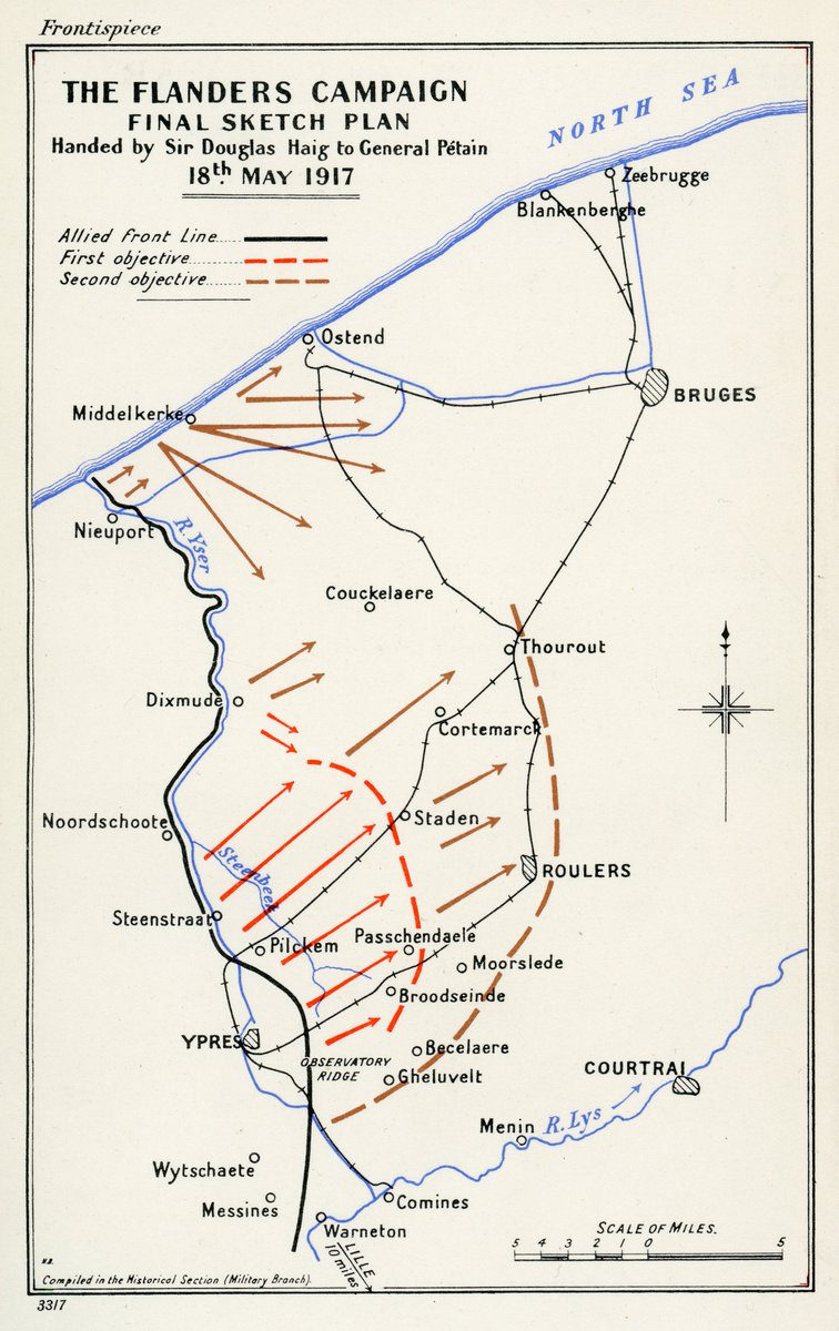 MMP1917's tweet image. On 21 June 1917 Haig received final approval to launch an offensive in Flanders. An advance to the Flemish coast would eliminate German submarine bases. 📸 Haig's ambitious plan for the Flanders offensive. Note that straightening the southern Ypres Salient was already a done deal