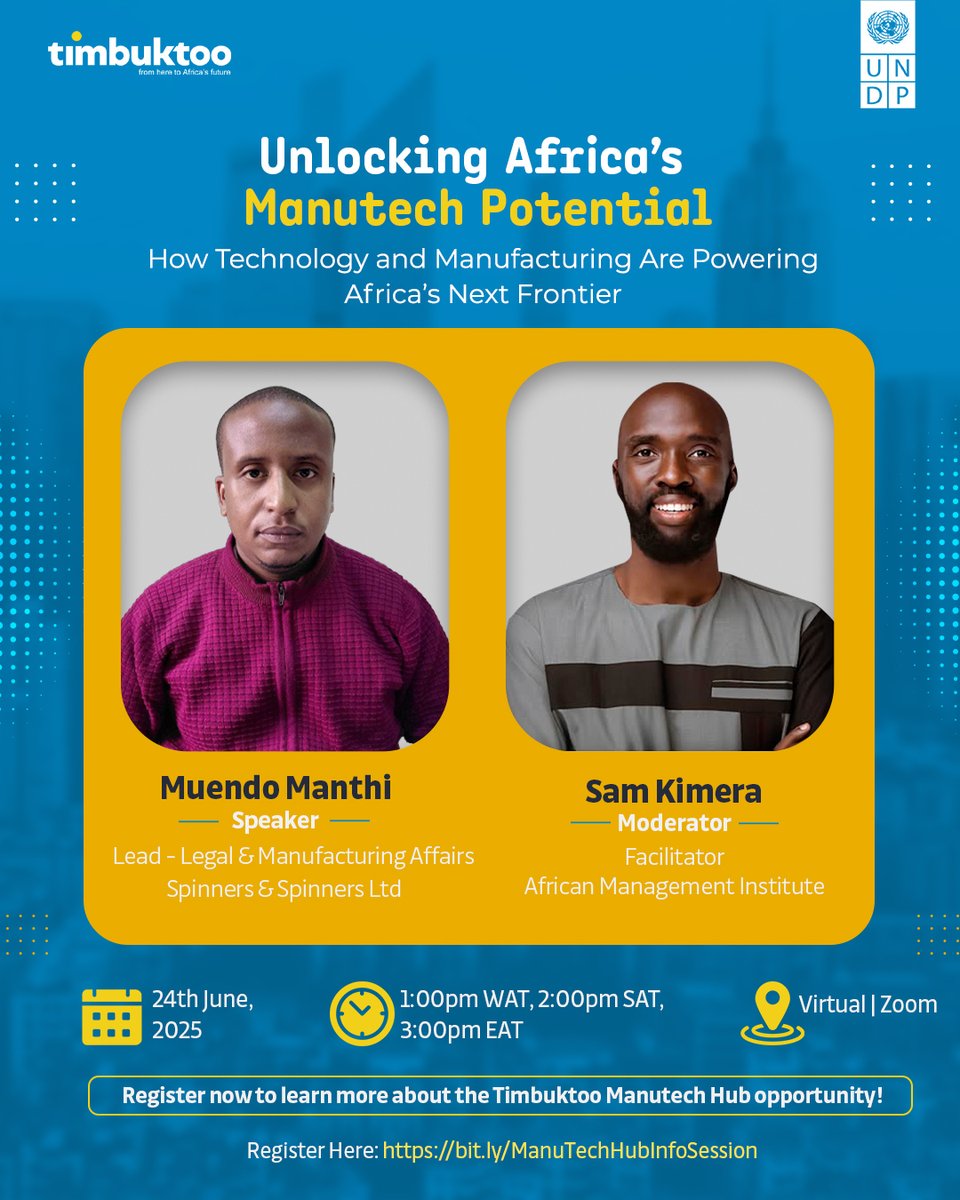 Africa’s manufacturing revolution starts here!
Join our info session and discover how tech + manufacturing are shaping Africa’s next frontier.

📆 June 24 | ⏰ 1PM WAT | 📍 Zoom
🔗 Register: bit.ly/ManuTechHubInf…

#ManuTechAfrica #SmartManufacturing