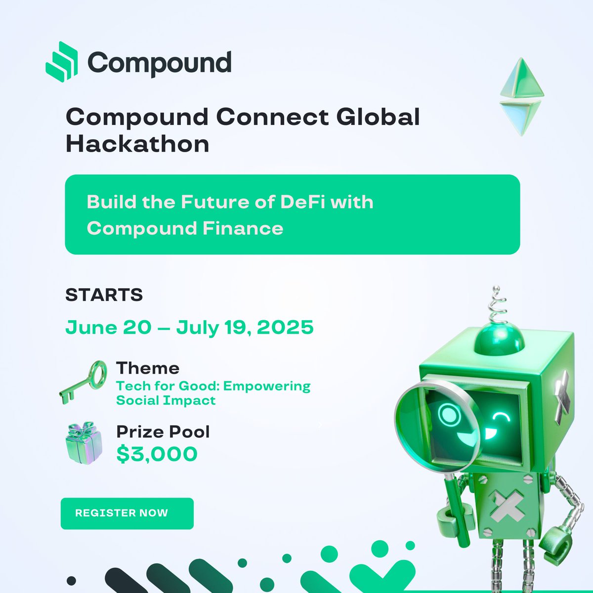 Compound Connect Hackathon is here @CompoundFinance!
Don’t miss out on:
 $3,000 in prizes
Beginner-friendly tutorials
Live mentorship
100% virtual – anyone can join!
Register now if you haven’t: compound-global-hackathon.devpost.com

Let’s build something epic!.