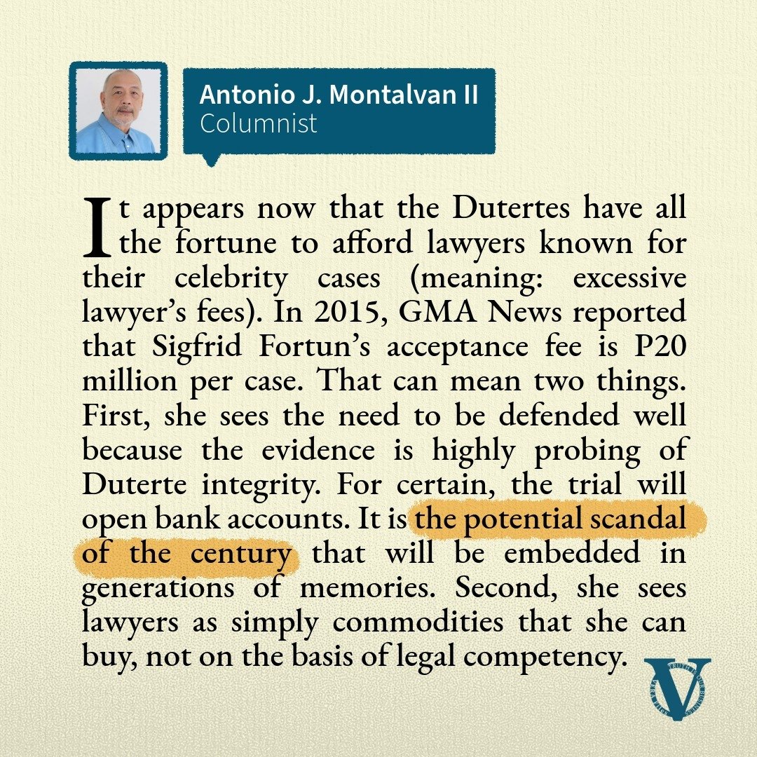 Grabe ang yaman ng mga Duterte!

If P20 Million ang acceptance fee ni Sigfrid Fortun nuong 2015, now in 2025 taking into account inflation it must somewhere be around 30 Million or 40 Million.

Tapos iba pa ang monthly retainer or actual legal fees na chargeable every month -
