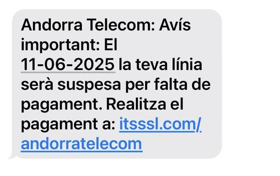 🚨 Alerta #smishing 🚨
Hem detectat un SMS fals que suplanta Andorra Telecom.
⚠️ No piquis! És un frau i ja hem bloquejat l’enllaç.
📵 No demanem mai pagaments per SMS.