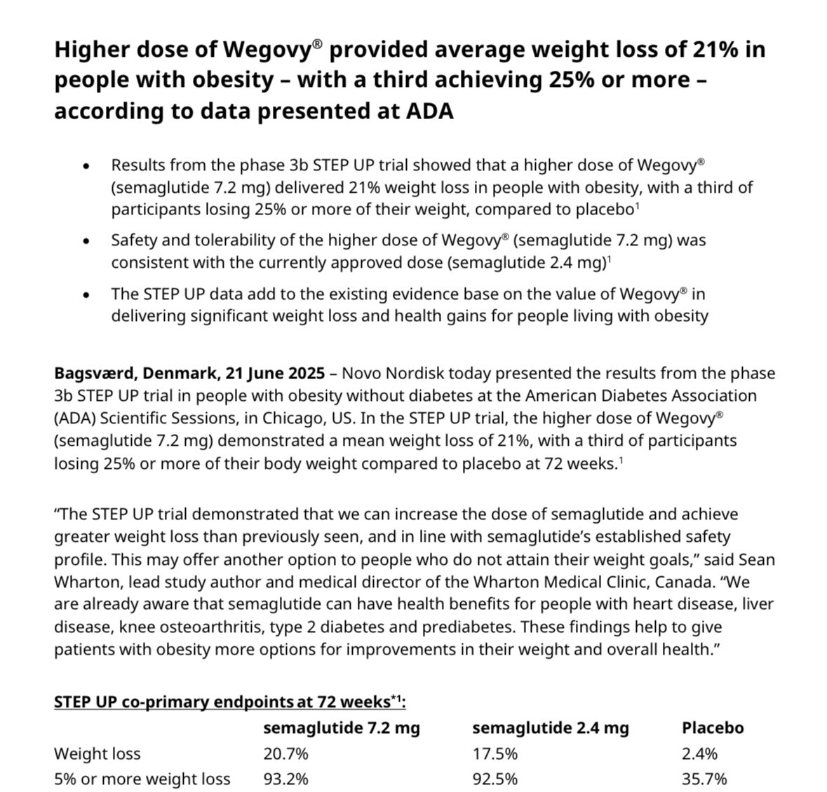 doepke_michel's tweet photo. $NVO $NOVOB Higher dose of Wegovy provided average weight loss  of 21% in people with obesity – with a third achieving 25% or more –  according to data presented at #ADA25. $LLY https://t.co/N1pUyH8c5z