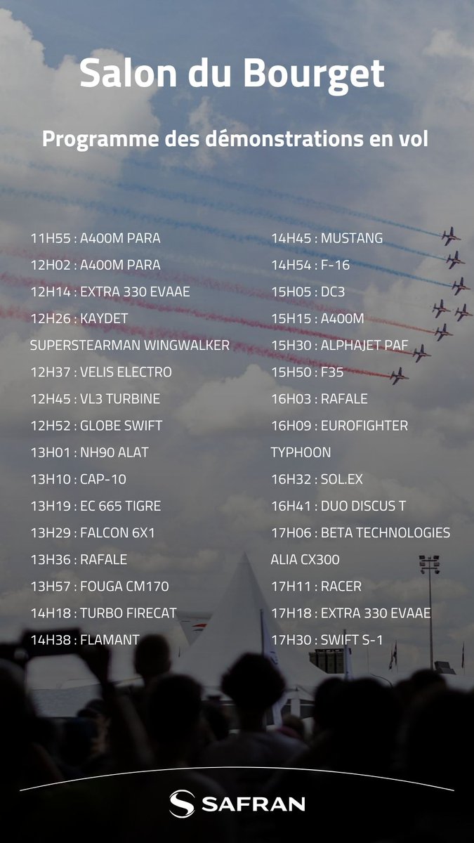 Chers visiteurs du @SalonDuBourget, voici le programme des démonstrations en vol du jour !📅🛫

#SafranBourget #PAS25