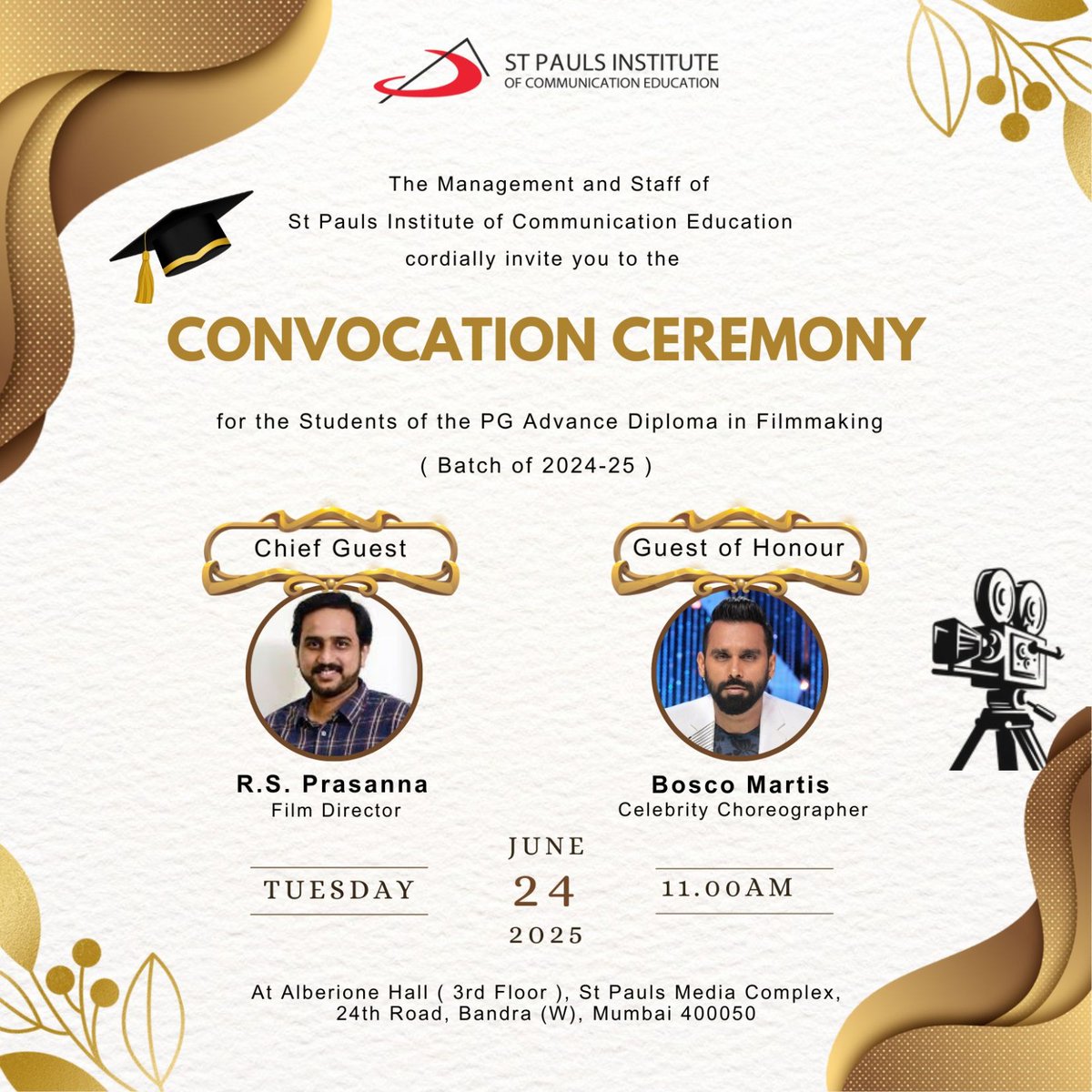 We’re honoured to welcome 🎬 R.S. Prasanna &amp; 💃 Bosco Martis—two icons of Indian cinema—to the PG Filmmaking Convocation 2024–25 at St Pauls Institute! A celebration of talent, mentorship &amp; cinematic dreams.

#StPaulsConvocation #RSPrasanna #BoscoMartis #Filmmaking