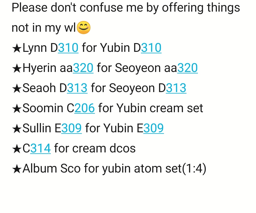 leowonloml's tweet photo. Posting again cause I added new objekts to list

Have:
HyeRin AA320,AA321,C314A
ChaeYeon AA317
SooMin C206
NaKyoung B207A
YuBin B217A
Kaede AA321,C314A
DaHyun C314A
YeonJi AA311
Nien AA321
Lynn D310
ShiOn AA201
Sullin E309
SeoAh AA311,D313
Check replies for update
#tripleS #yubin https://t.co/kupt5GEEUK