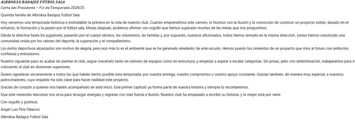 𝑨𝑳𝑩𝑹𝑶𝑲𝑺𝑨 𝑩𝑨𝑫𝑨𝑱𝑶𝒁 𝑭𝑼́𝑻𝑩𝑶𝑳 𝑺𝑨𝑳𝑨

𝐶𝘢𝑟𝘵𝑎 𝑑𝘦𝑙 𝑃𝘳𝑒𝘴𝑖𝘥𝑒𝘯𝑡𝘦 – 𝘍𝑖𝘯 𝘥𝑒 𝑇𝘦𝑚𝘱𝑜𝘳𝑎𝘥𝑎 2024/25